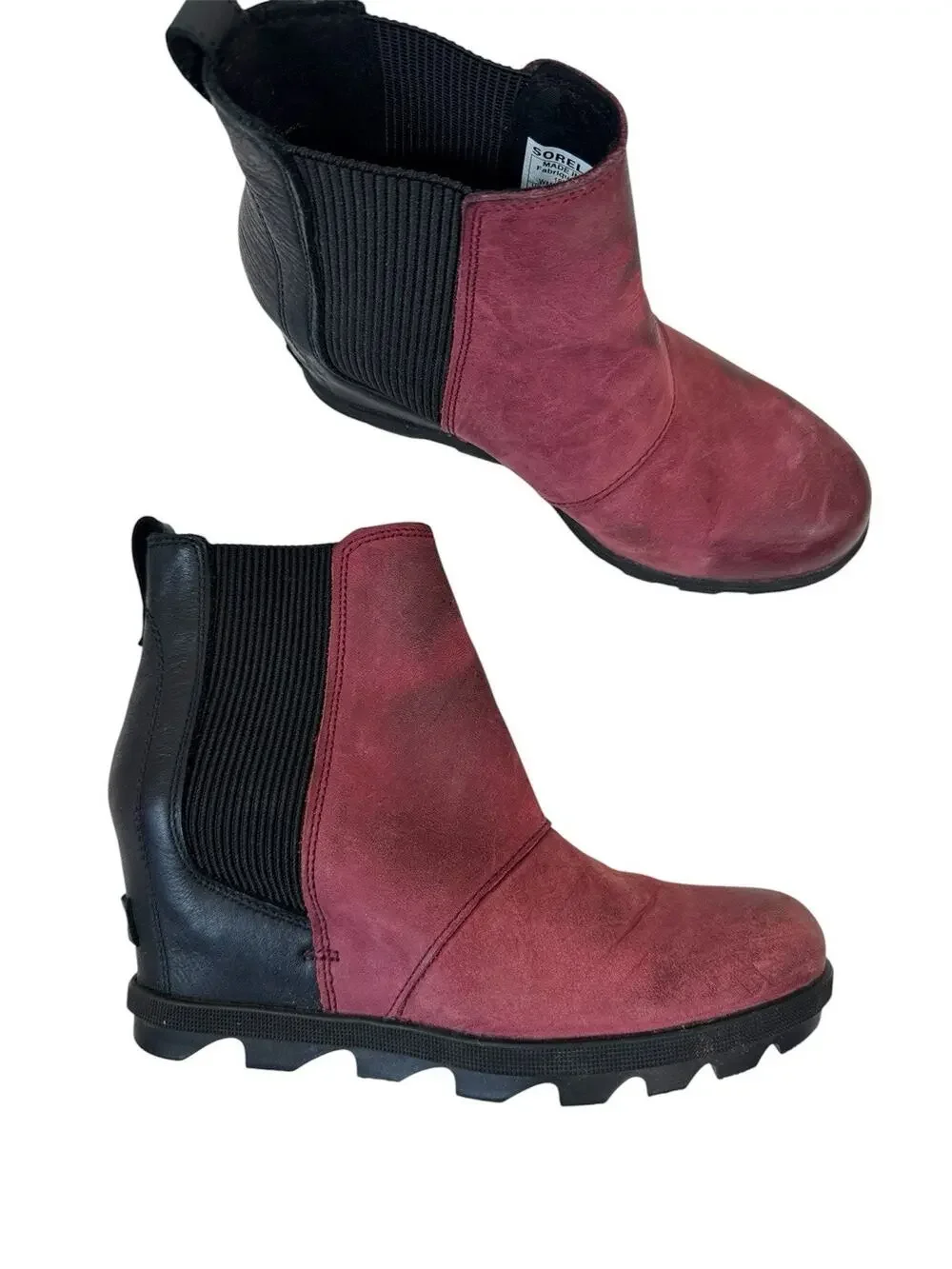SOREL Leather Wedge Bootie Women 7.5 Red Black Hidden Heeled Joan of Arctic Boot